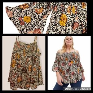 NWT! TORRID Floral Cheetah Print Babydoll Blouse Shirt Plus Size 2 2x 18/20w